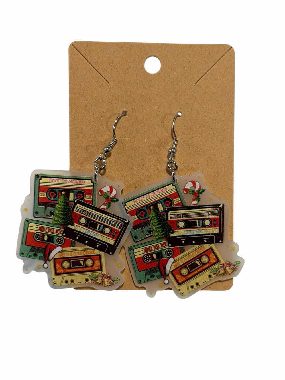 Retro Cassette Tape Holiday Earrings in Red, Green, Cream